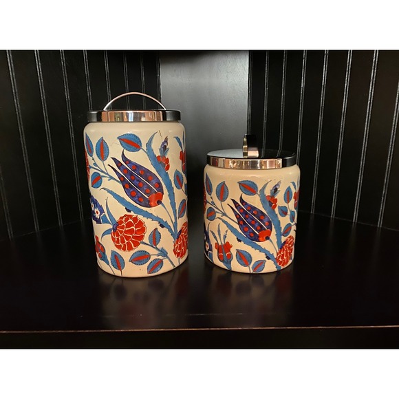 Williams Sonoma Iznik Floral Ceramic Canister Set of 2 Blue Red White Stainless